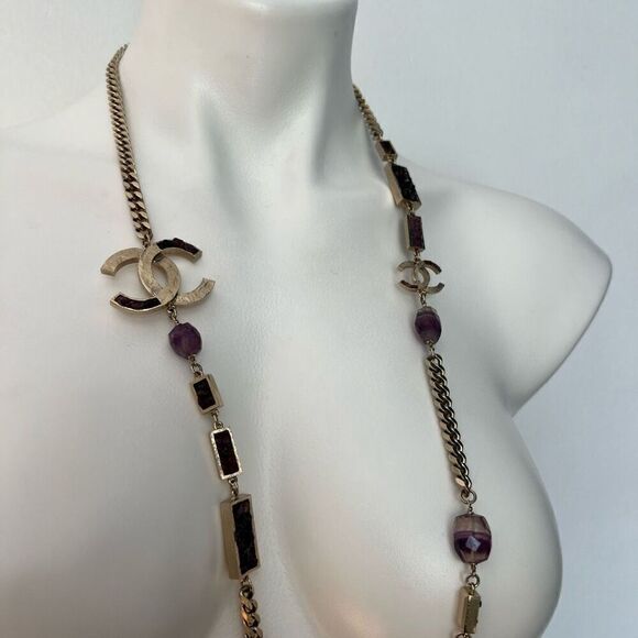 Chanel Y2K Gold Metal and Amethyst Curb Link Necklace Authentic - Picture 10 of 16
